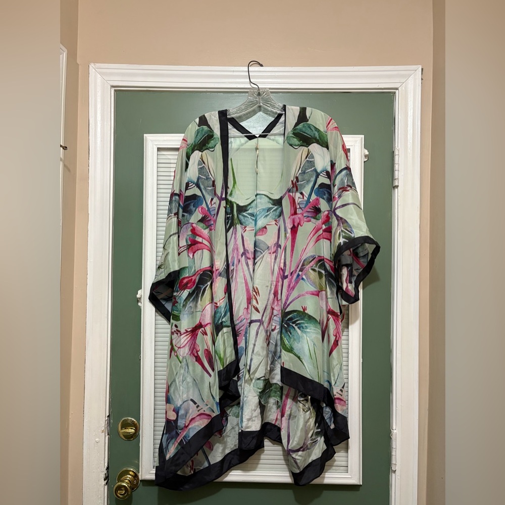 Soft surroundings Emerald Isle silk  kimono floral tropical Sz Large / XL - Picture 6 of 8